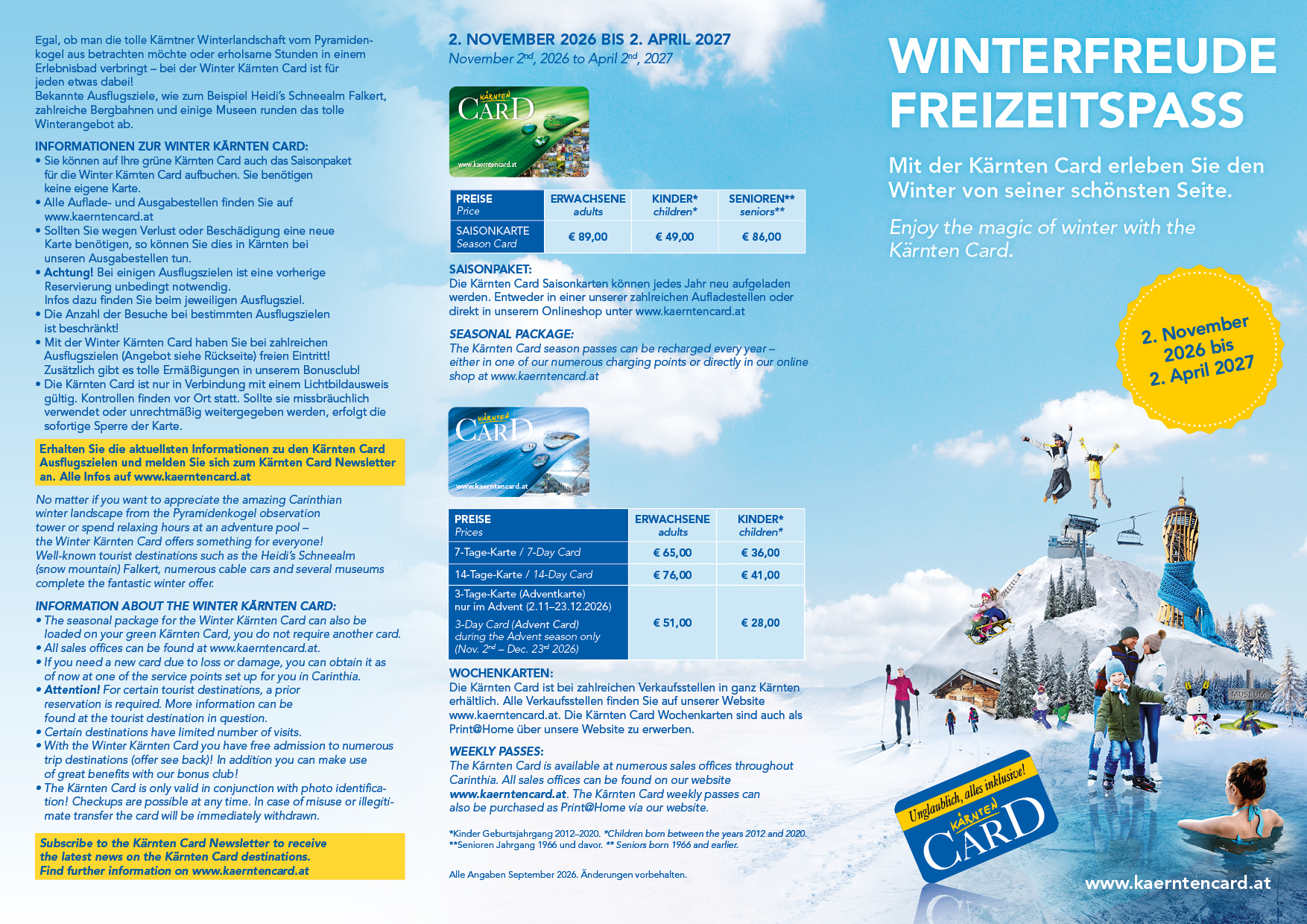 Winter Kärnten Card 2026/2027- Flyer Vorderseite